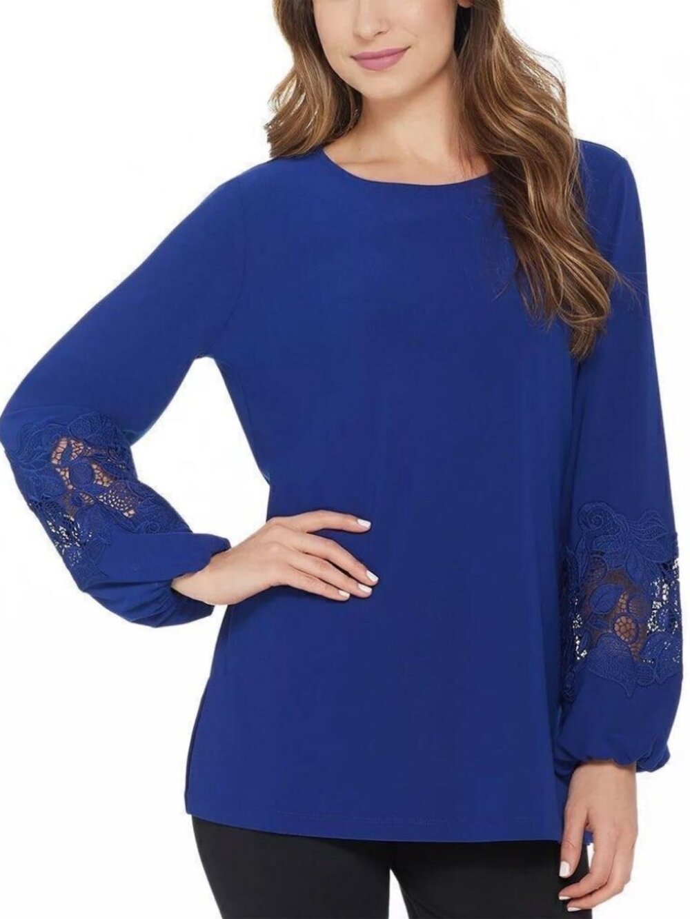 Dennis Basso Caviar Crepe Lace-Trimmed Slves Tunic